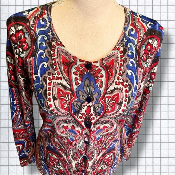 Talbots 100% Merino Wool Blue & Red Multicolor Brushed Paisley Cardigan Size S - Picture 3 of 12
